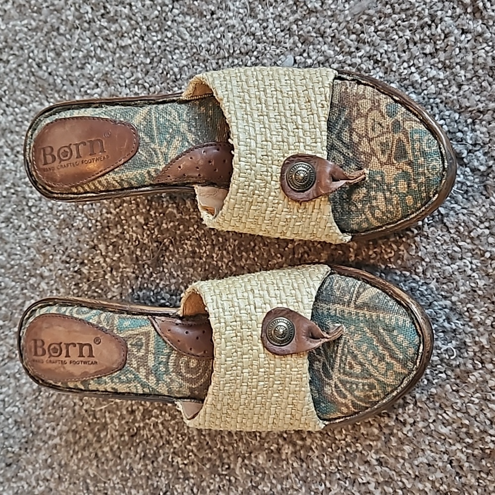 Born Woven Raffia & Patterned Blue-Tan Wedge Sandals